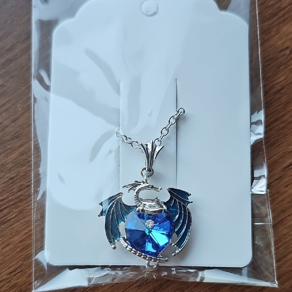 None Jewelry - New Blue Dragon Pendant With Blue Heart Stone Necklace Silver Chain